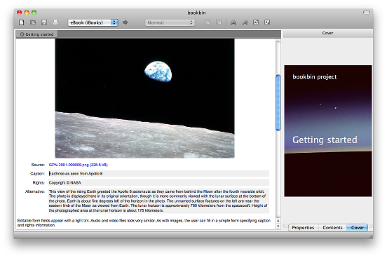 bookbin screenshot showing the document editor in the center and the cover pane on the right